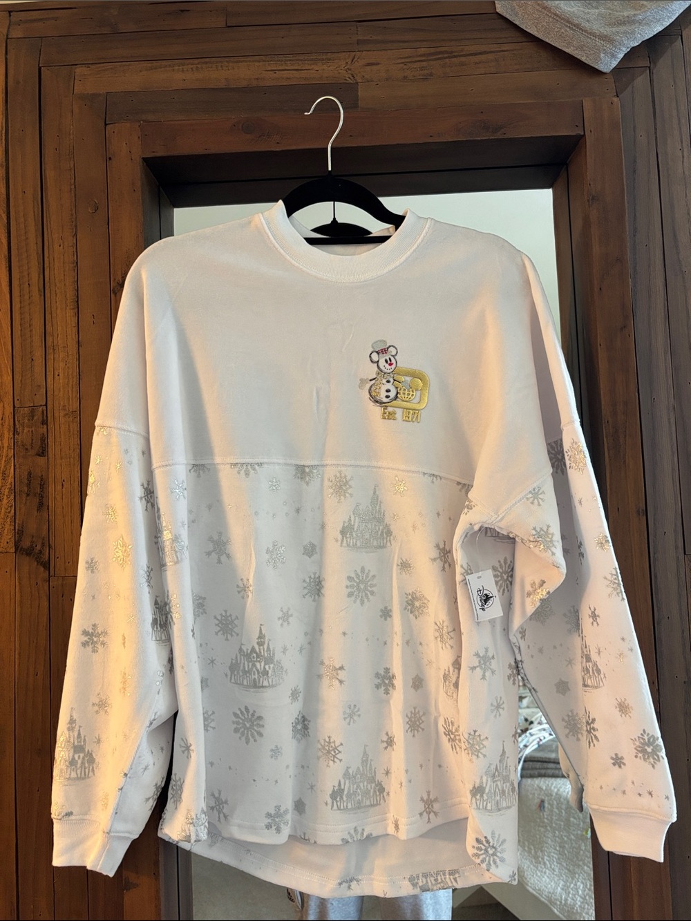 Disney White Crewneck Sweater with Snowflake and Castle Motif